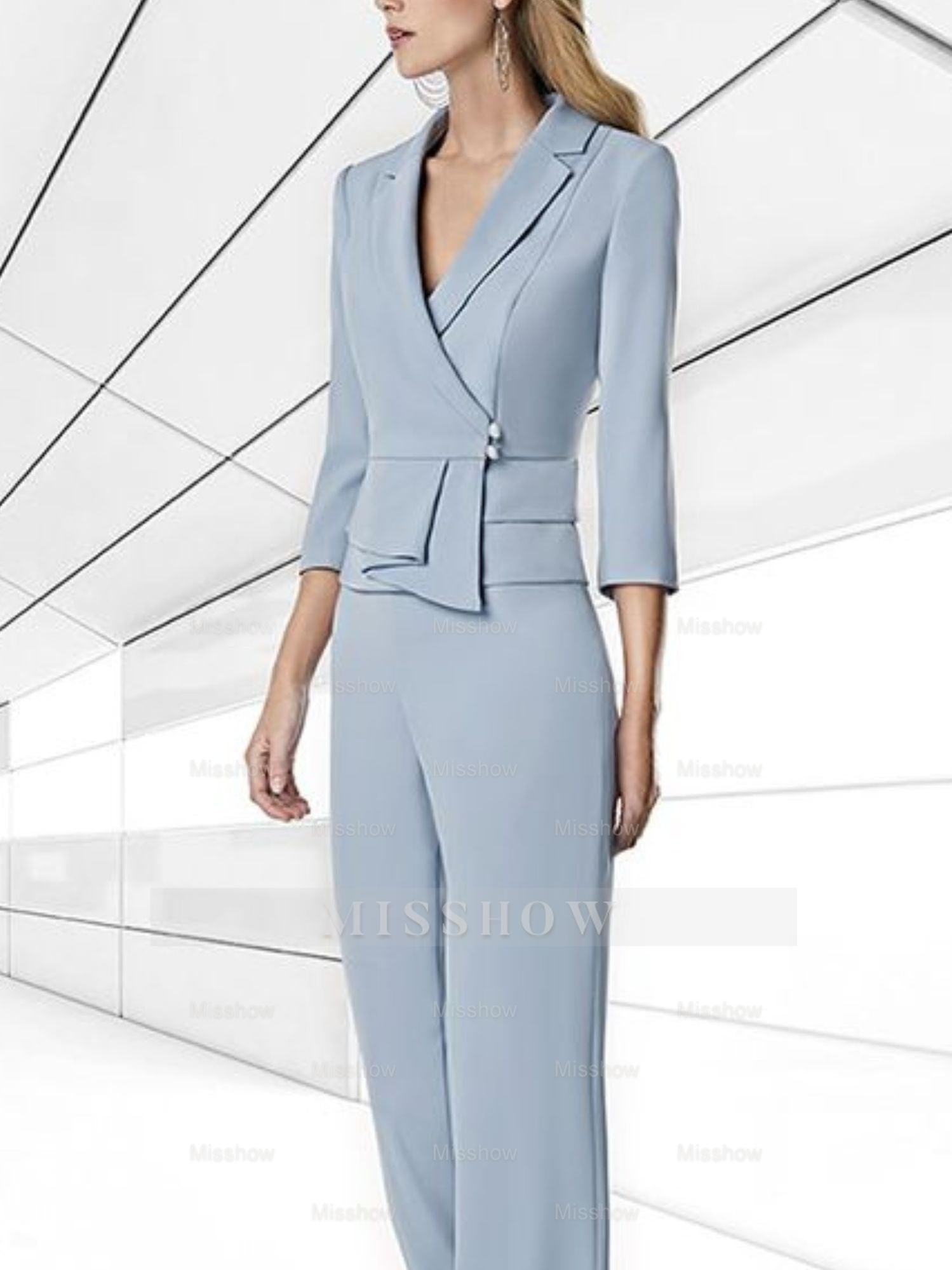 Elegant Mother of the Bride 2-Piece Chiffon Pantsuit with V-Neck and 3/4 Sleeves
