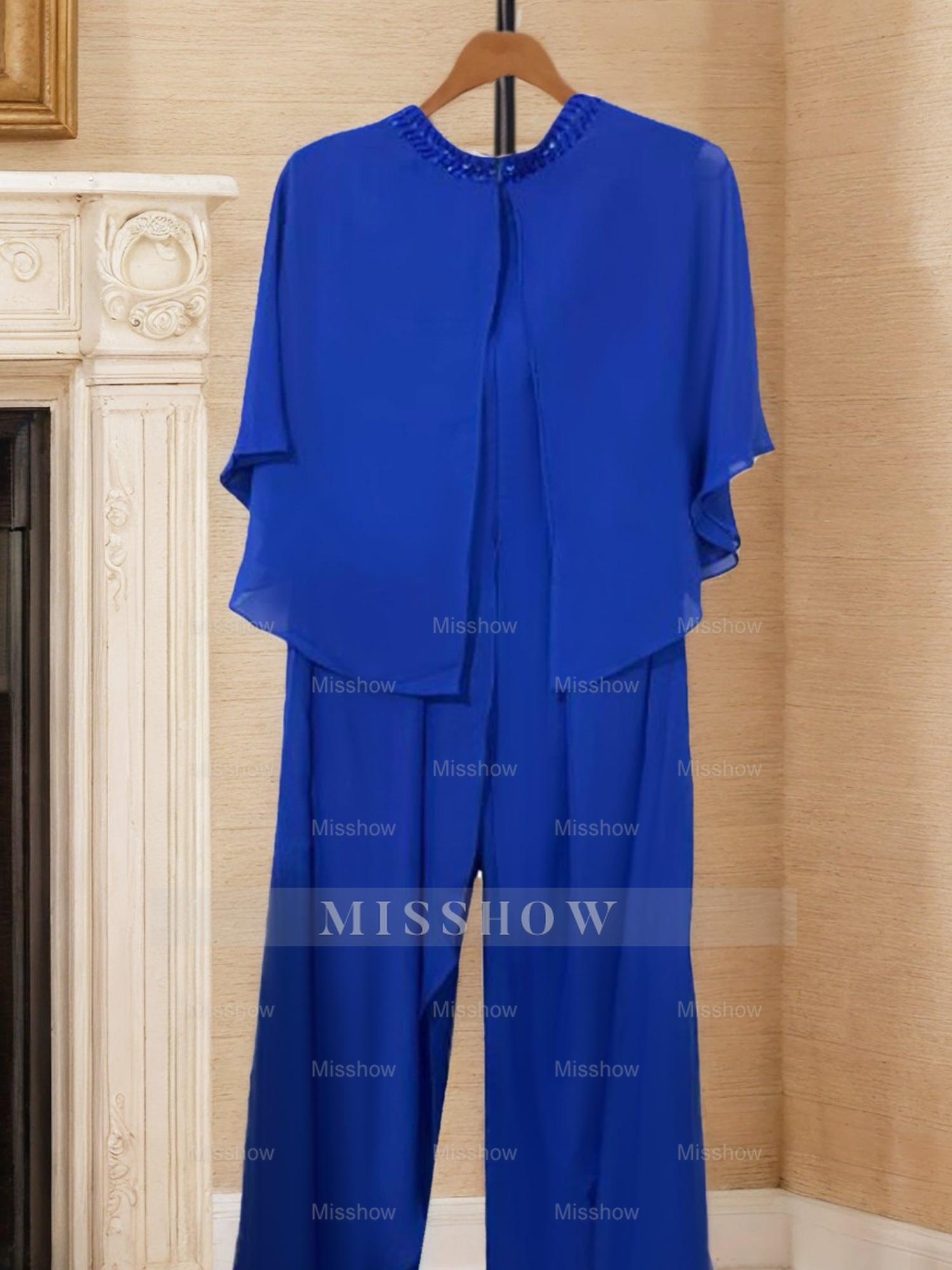 Elegant Mother of the Bride Scoop Neck Chiffon Pantsuits