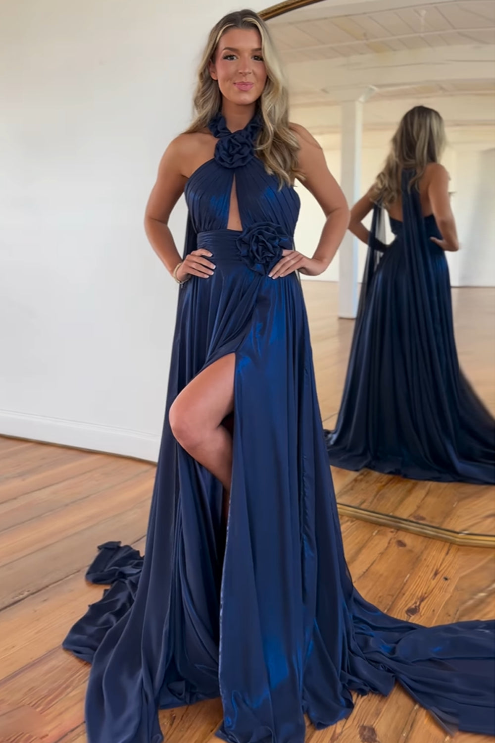 Elegant Navy A-Line Prom Dress with 3D Flowers and Halter Neck misshow.com Elegant Navy A-Line Prom Dress with 3D Flowers and Halter Neck misshow.com