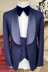 Elegant Navy Blue Jacquard Three-Piece Wedding Suits