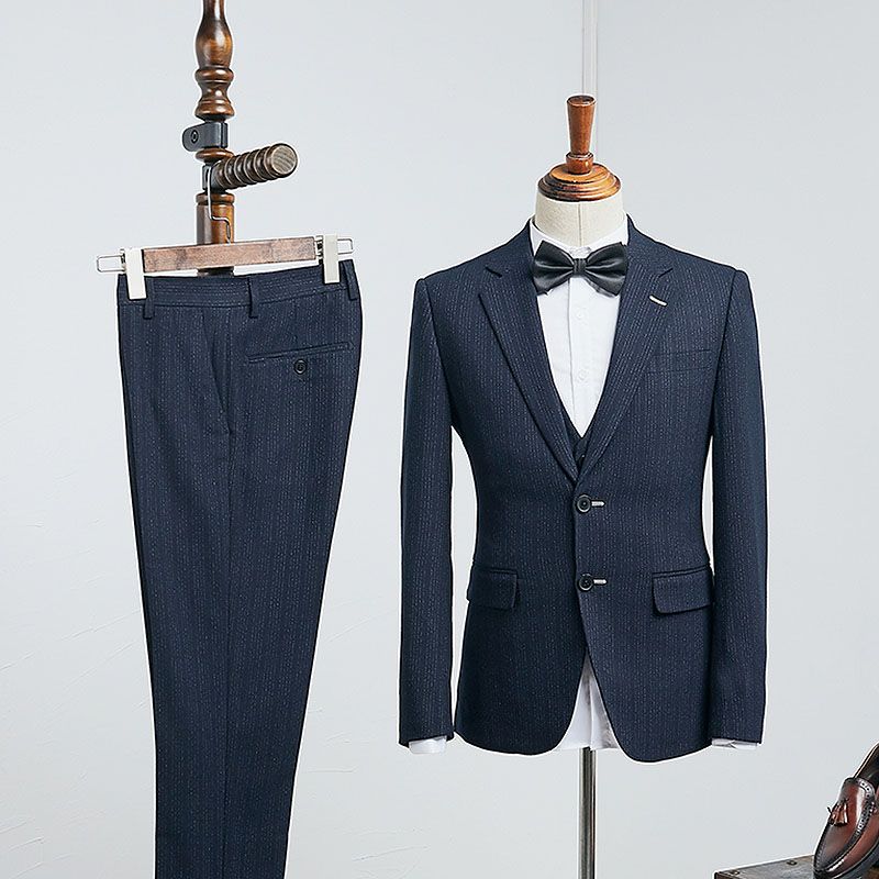 Elegant Navy Blue Striped Three Pieces Custom Business Suit