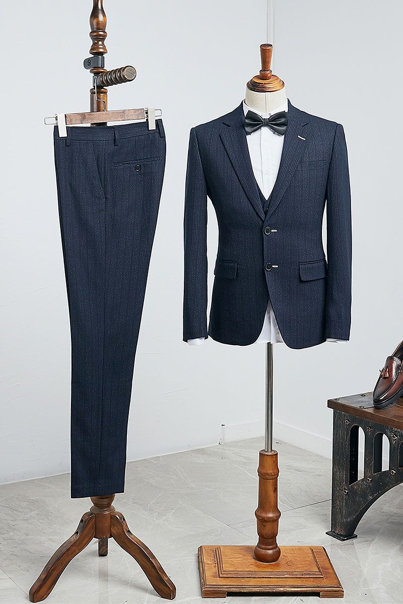 Elegant Navy Blue Striped Three Pieces Custom Business Suit