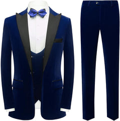 Elegant Navy Blue Three-Piece Velvet Prom Attire for Men