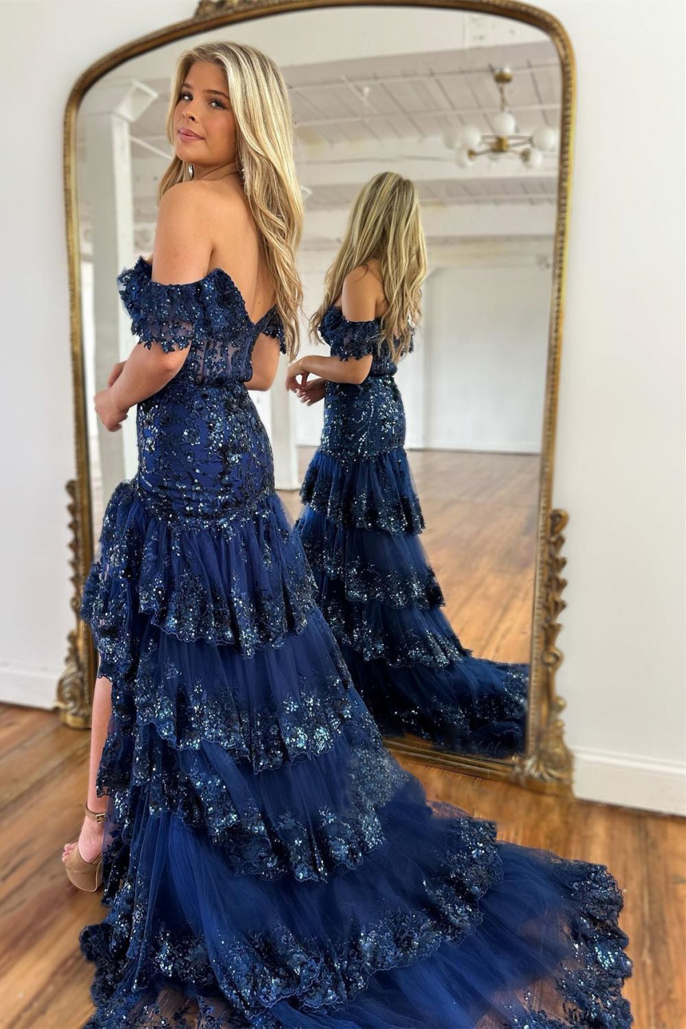 elegant navy prom dress Vintage A-Line Navy Blue Long Senior Satin Slit Prom Dress Formal Dres PreppyDress