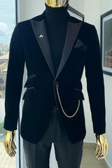 Elegant Olive Peaked Lapel Two-Piece Velvet Prom Suit For Men
