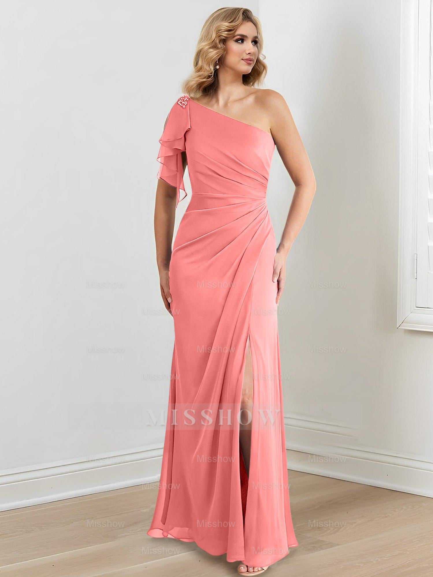 Elegant One-Shoulder Floor-Length Sheath/Column Gown for the Mother of the Bride