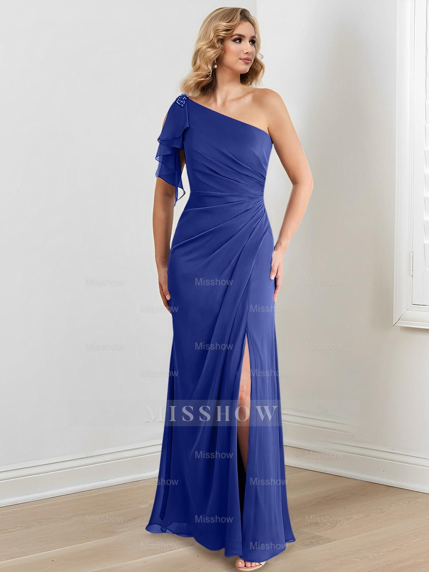 Elegant One-Shoulder Floor-Length Sheath/Column Gown for the Mother of the Bride