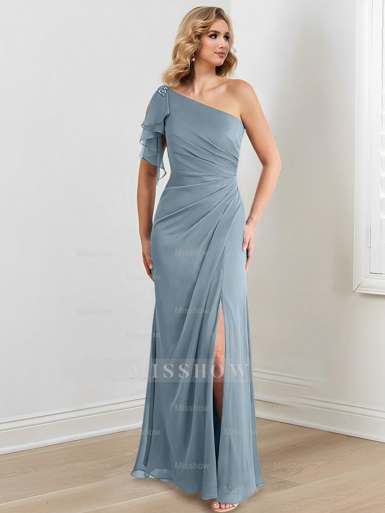 Elegant One-Shoulder Floor-Length Sheath/Column Gown for the Mother of the Bride