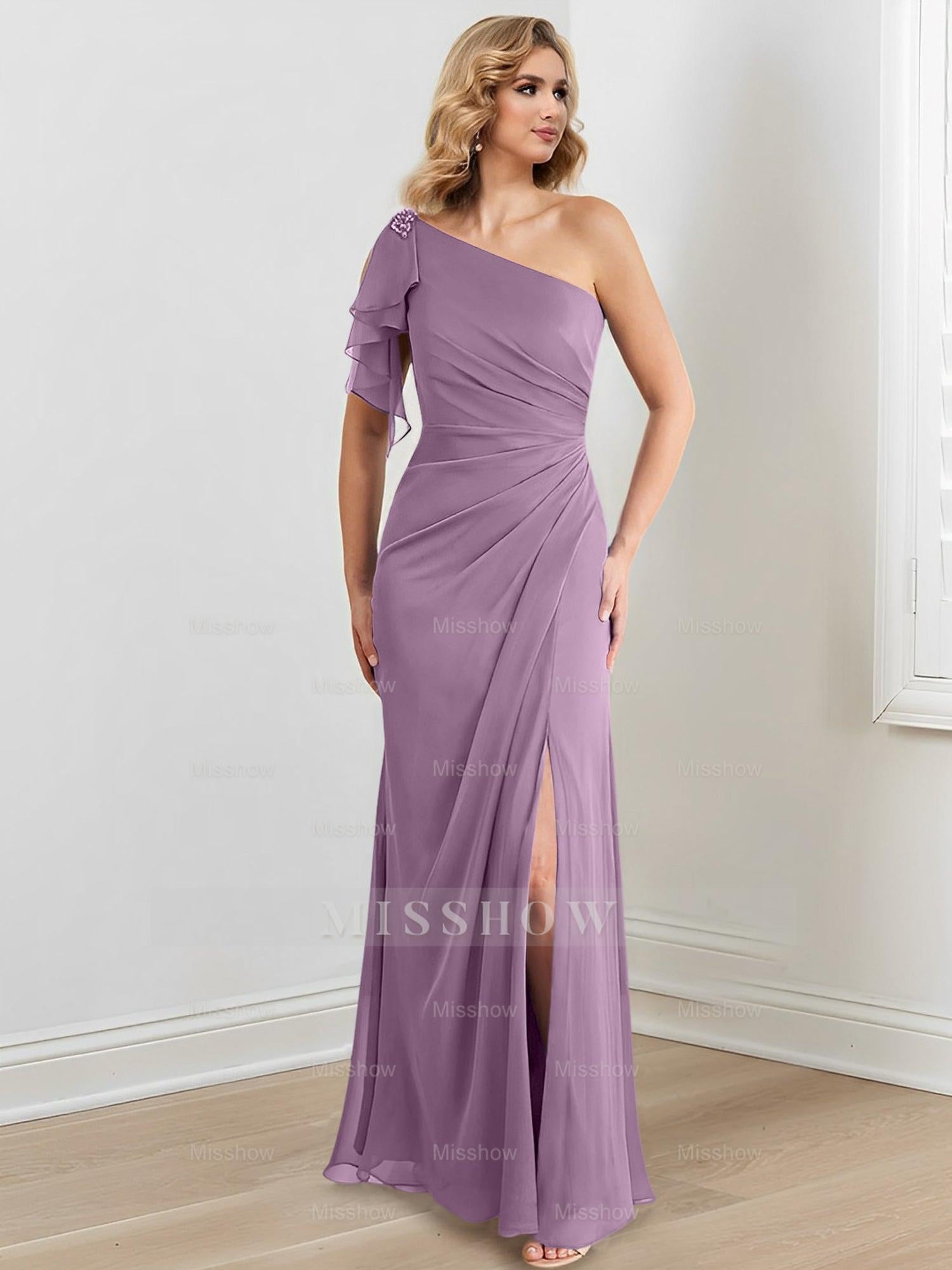 Elegant One-Shoulder Floor-Length Sheath/Column Gown for the Mother of the Bride