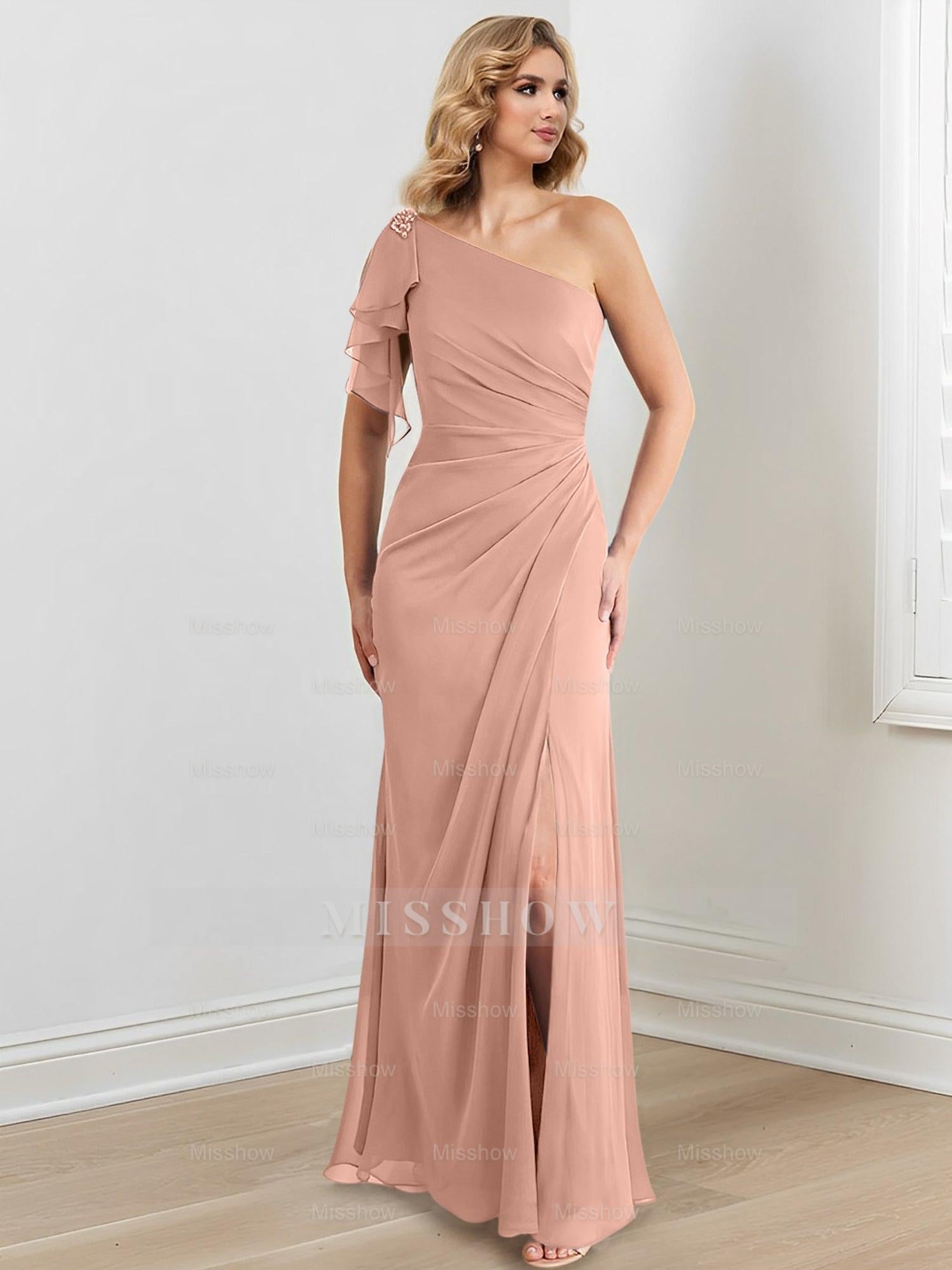 Elegant One-Shoulder Floor-Length Sheath/Column Gown for the Mother of the Bride