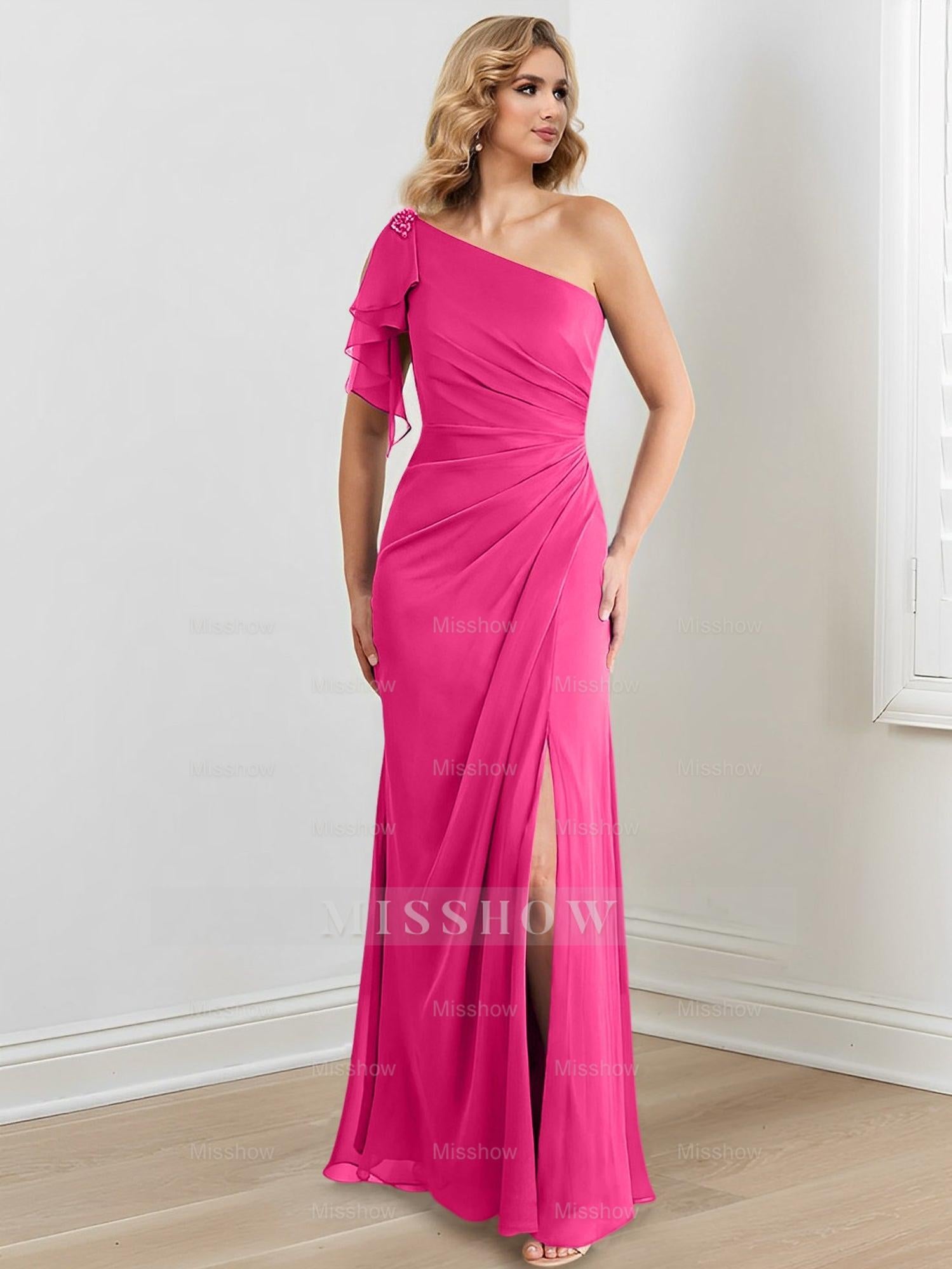 Elegant One-Shoulder Floor-Length Sheath/Column Gown for the Mother of the Bride