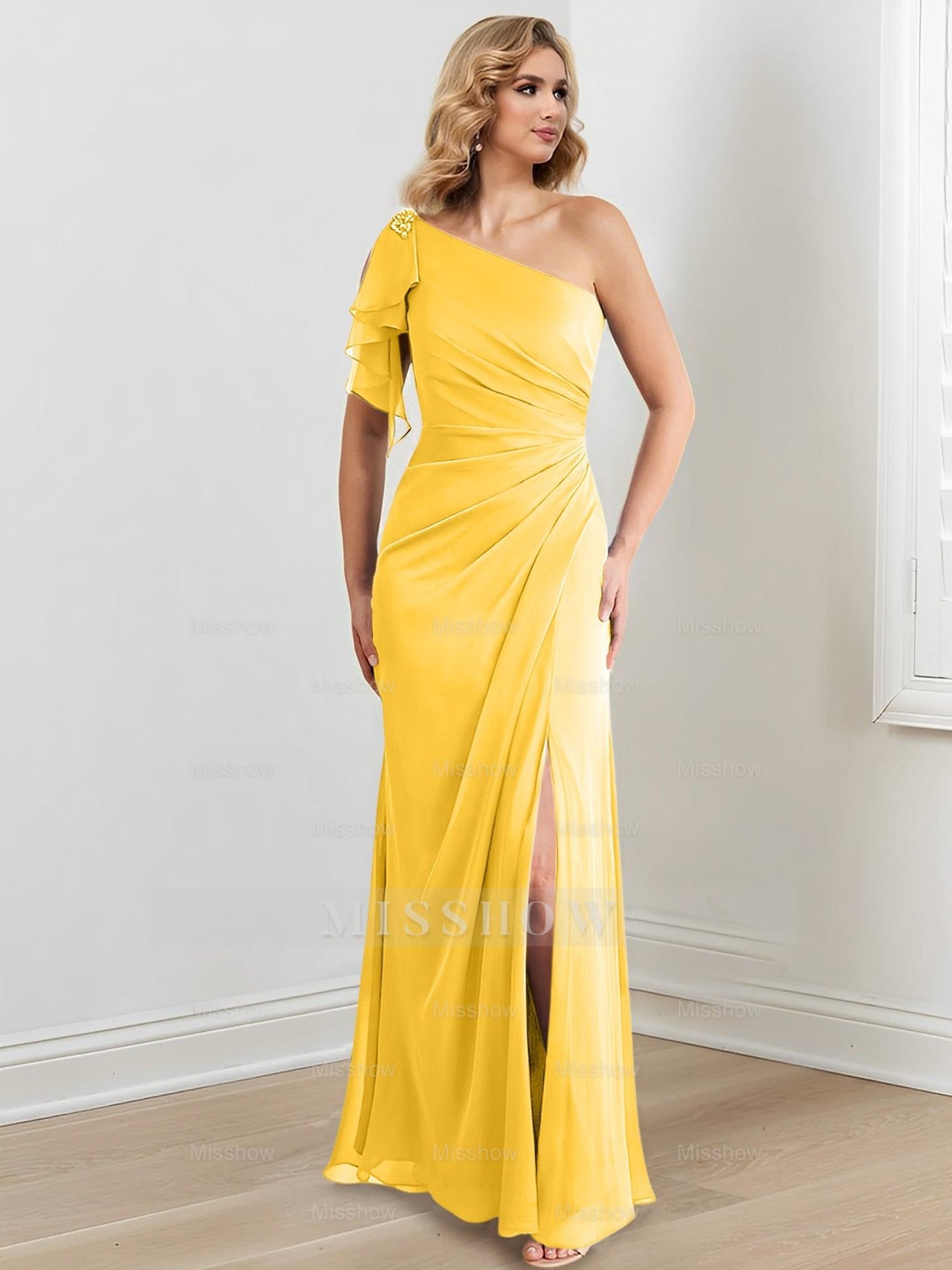 Elegant One-Shoulder Floor-Length Sheath/Column Gown for the Mother of the Bride