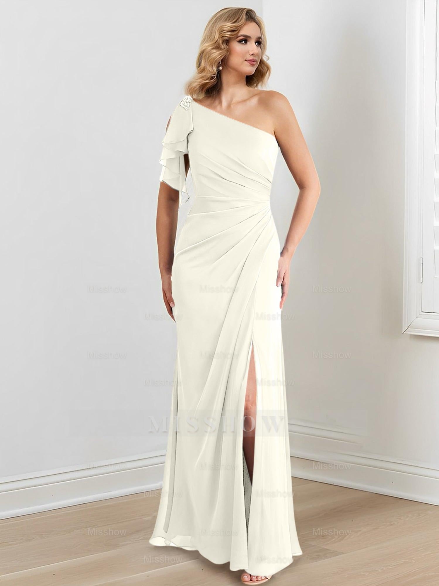 Elegant One-Shoulder Floor-Length Sheath/Column Gown for the Mother of the Bride