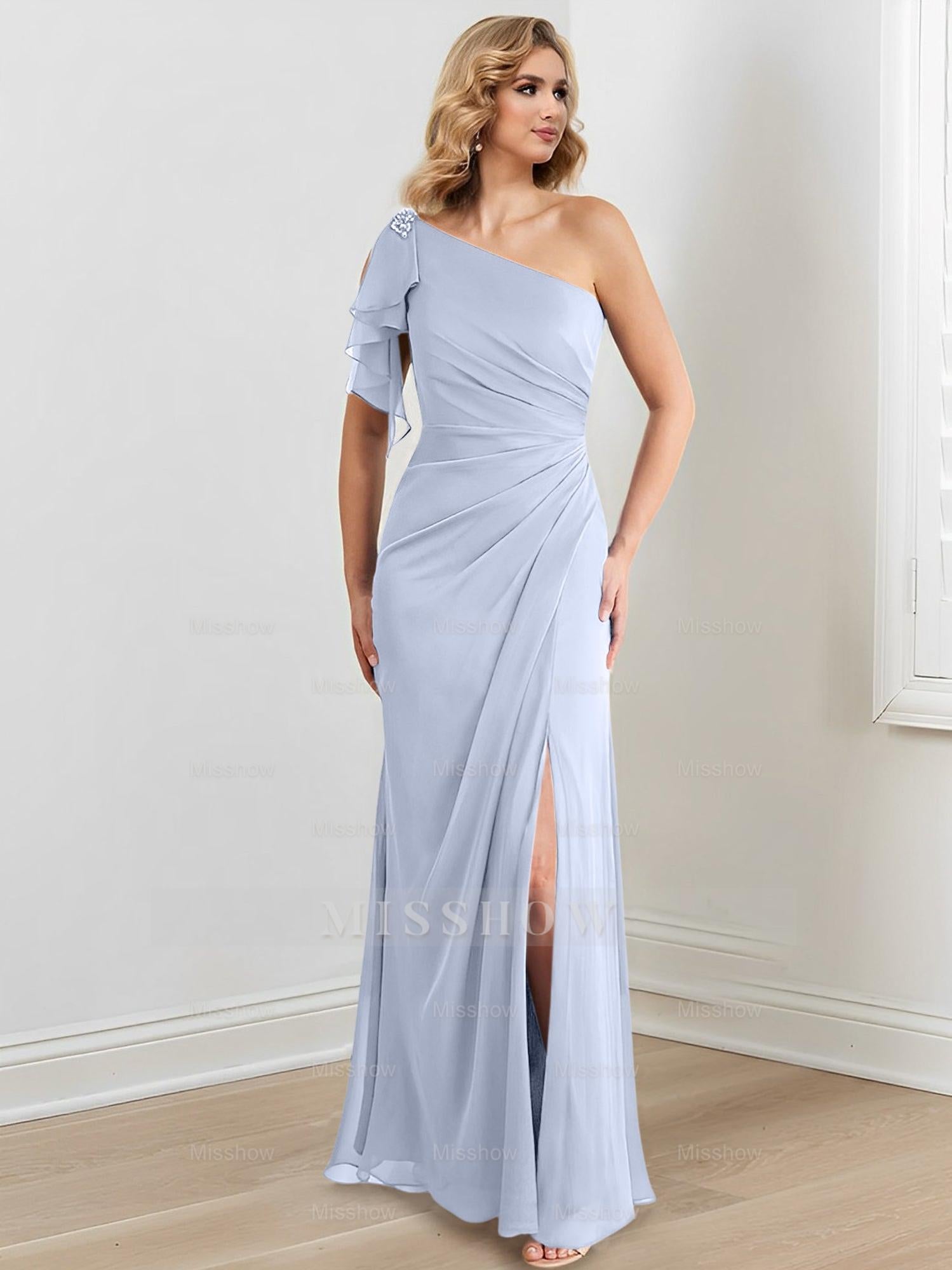 Elegant One-Shoulder Floor-Length Sheath/Column Gown for the Mother of the Bride