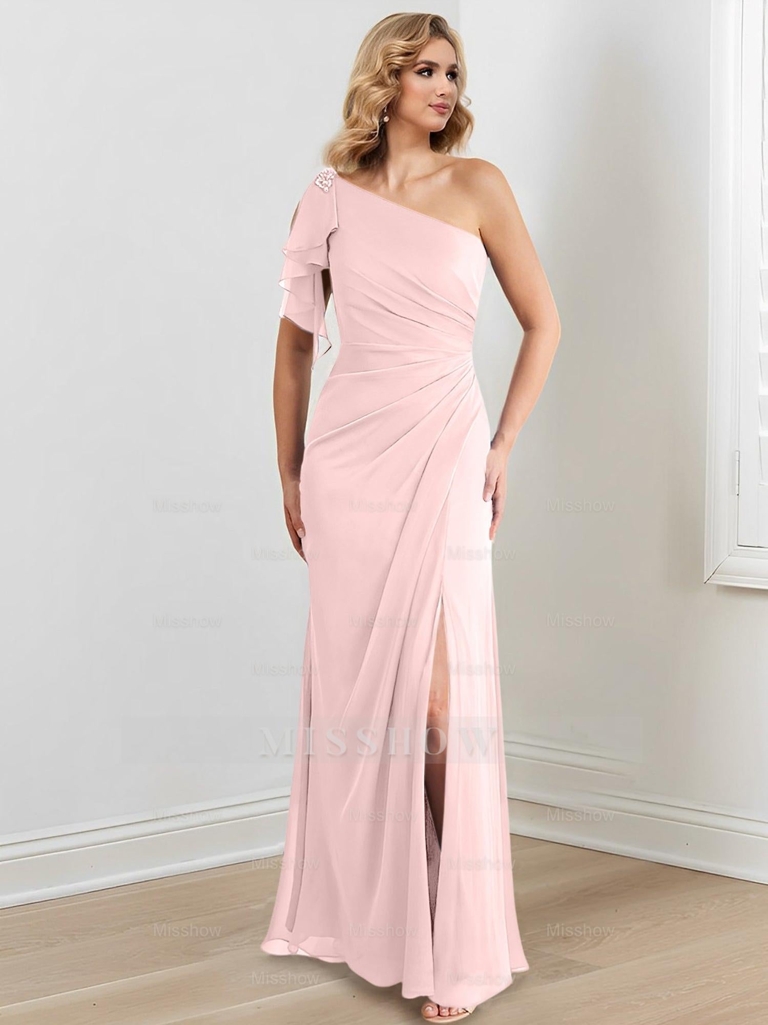 Elegant One-Shoulder Floor-Length Sheath/Column Gown for the Mother of the Bride