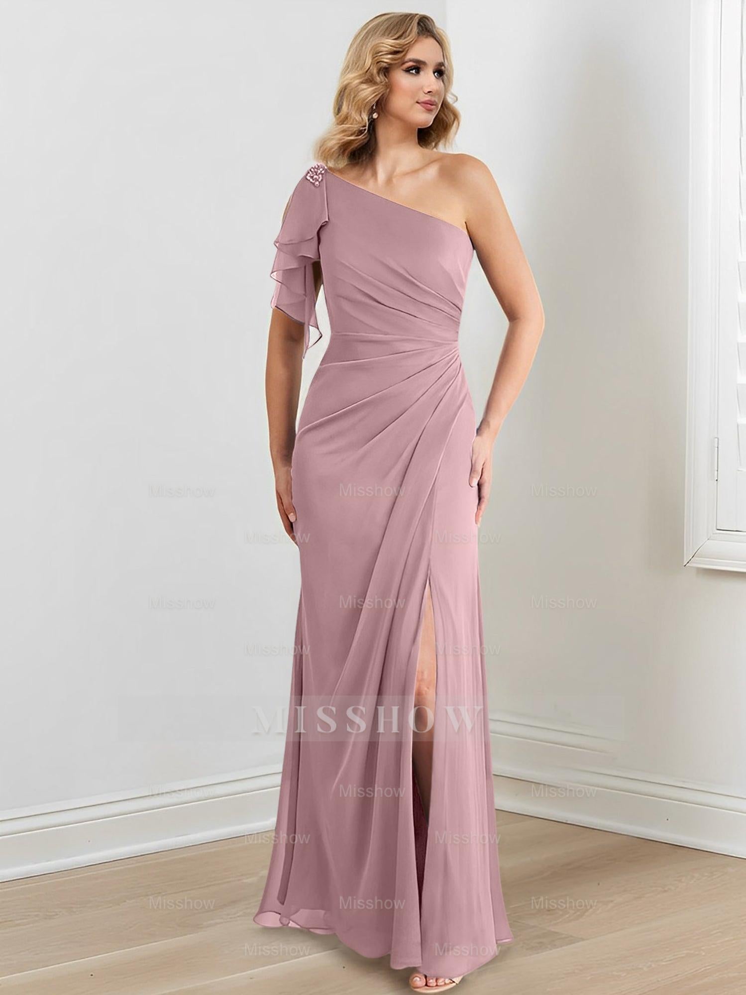Elegant One-Shoulder Floor-Length Sheath/Column Gown for the Mother of the Bride