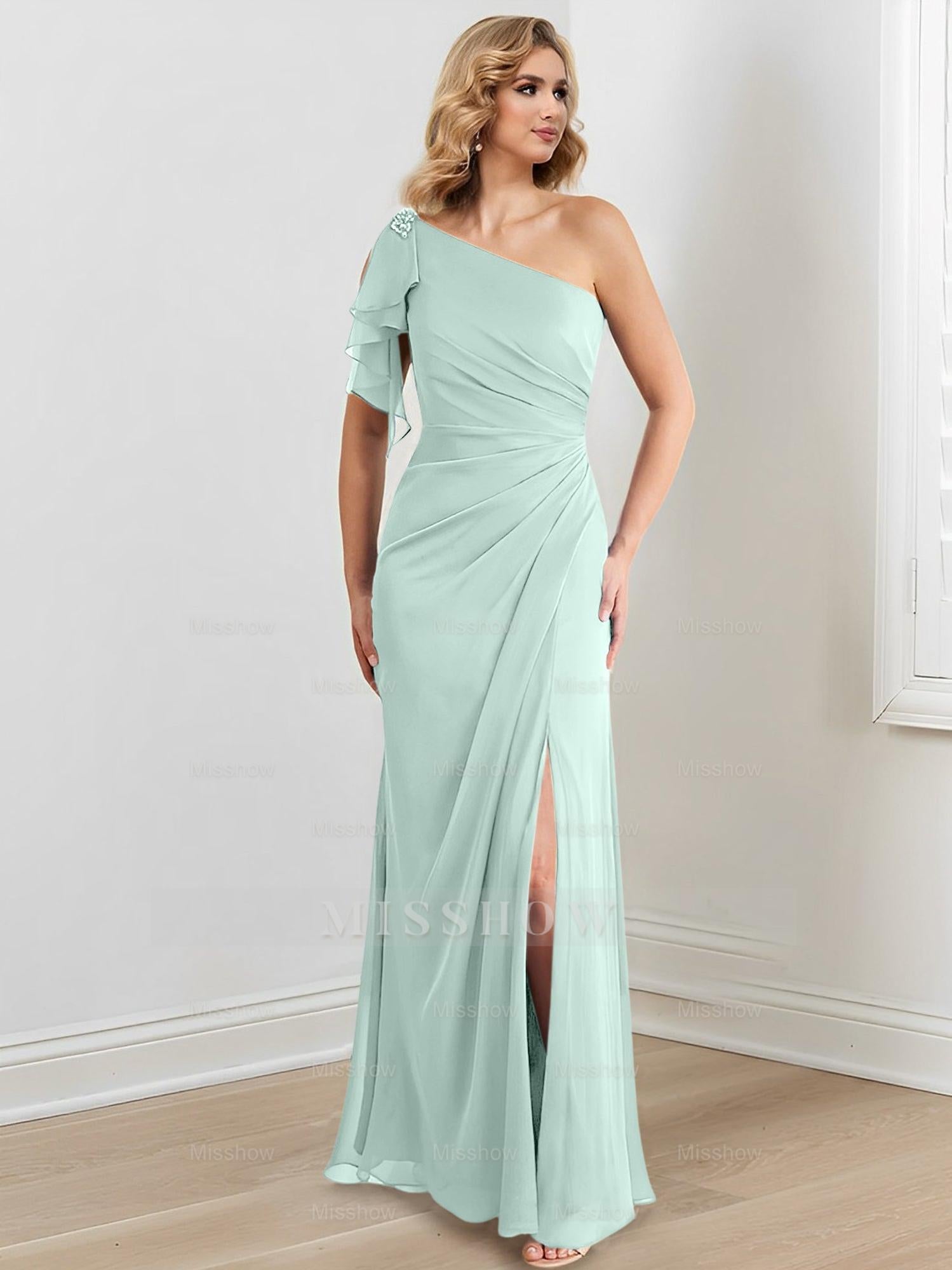 Elegant One-Shoulder Floor-Length Sheath/Column Gown for the Mother of the Bride