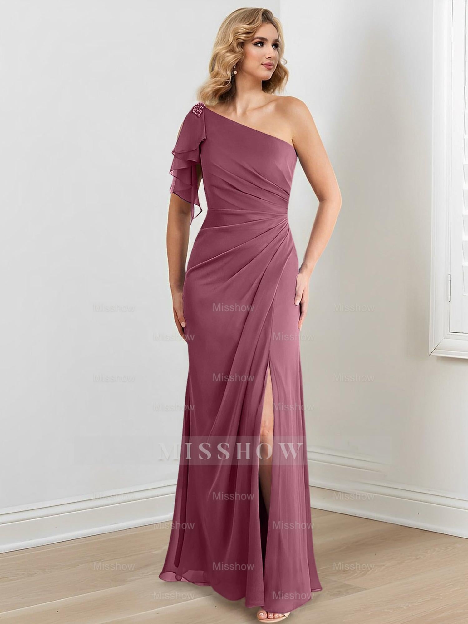 Elegant One-Shoulder Floor-Length Sheath/Column Gown for the Mother of the Bride