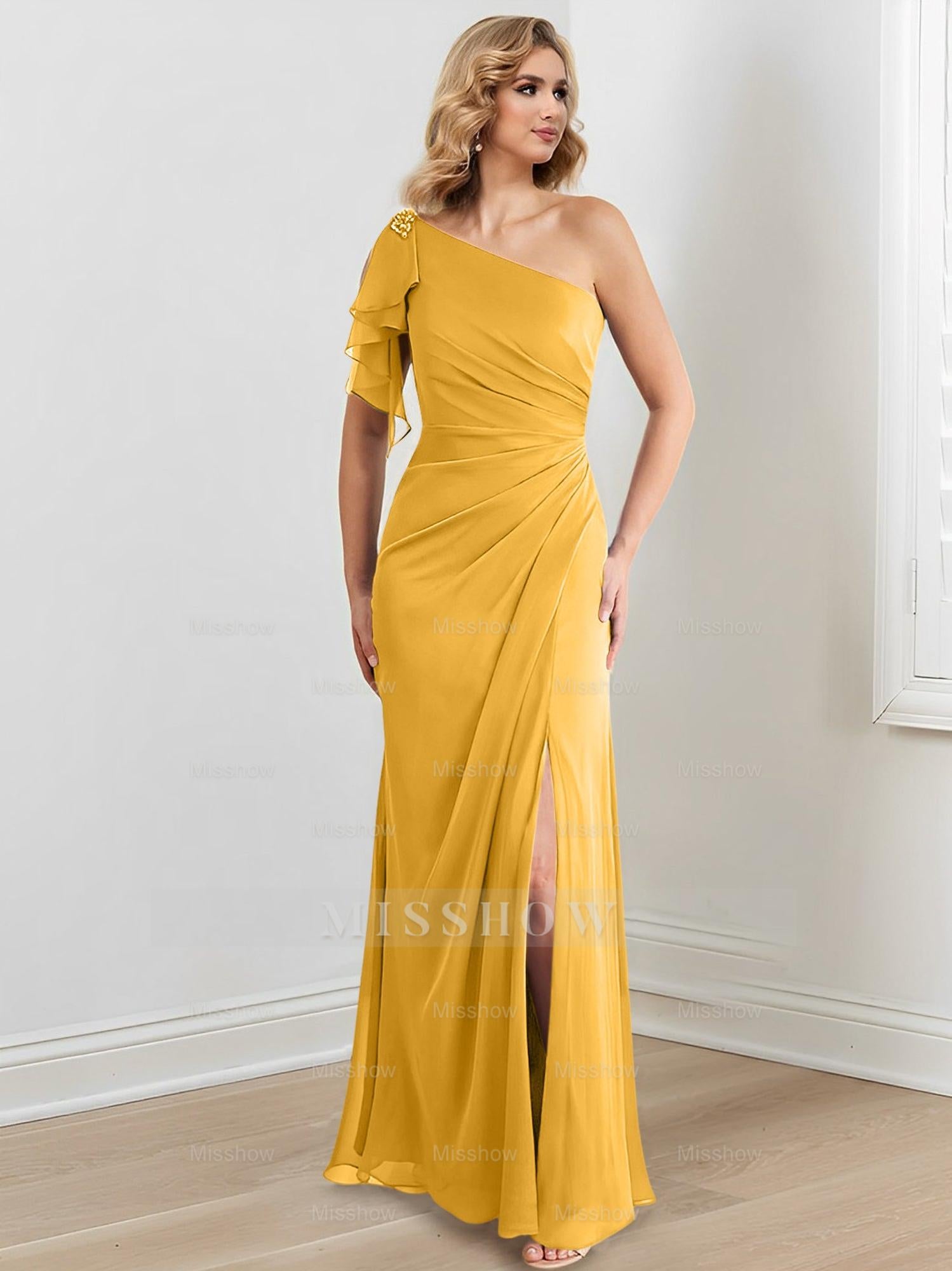 Elegant One-Shoulder Floor-Length Sheath/Column Gown for the Mother of the Bride