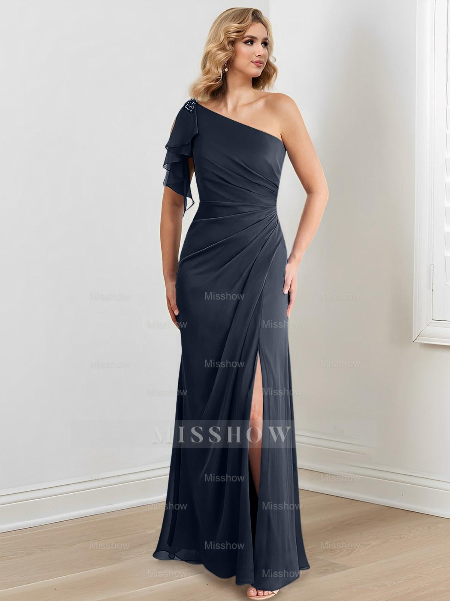 Elegant One-Shoulder Floor-Length Sheath/Column Gown for the Mother of the Bride