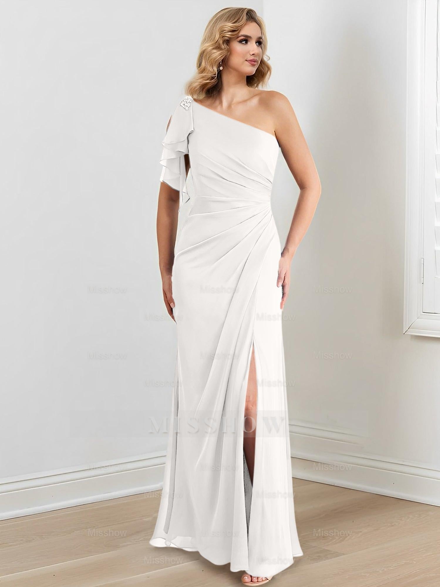 Elegant One-Shoulder Floor-Length Sheath/Column Gown for the Mother of the Bride