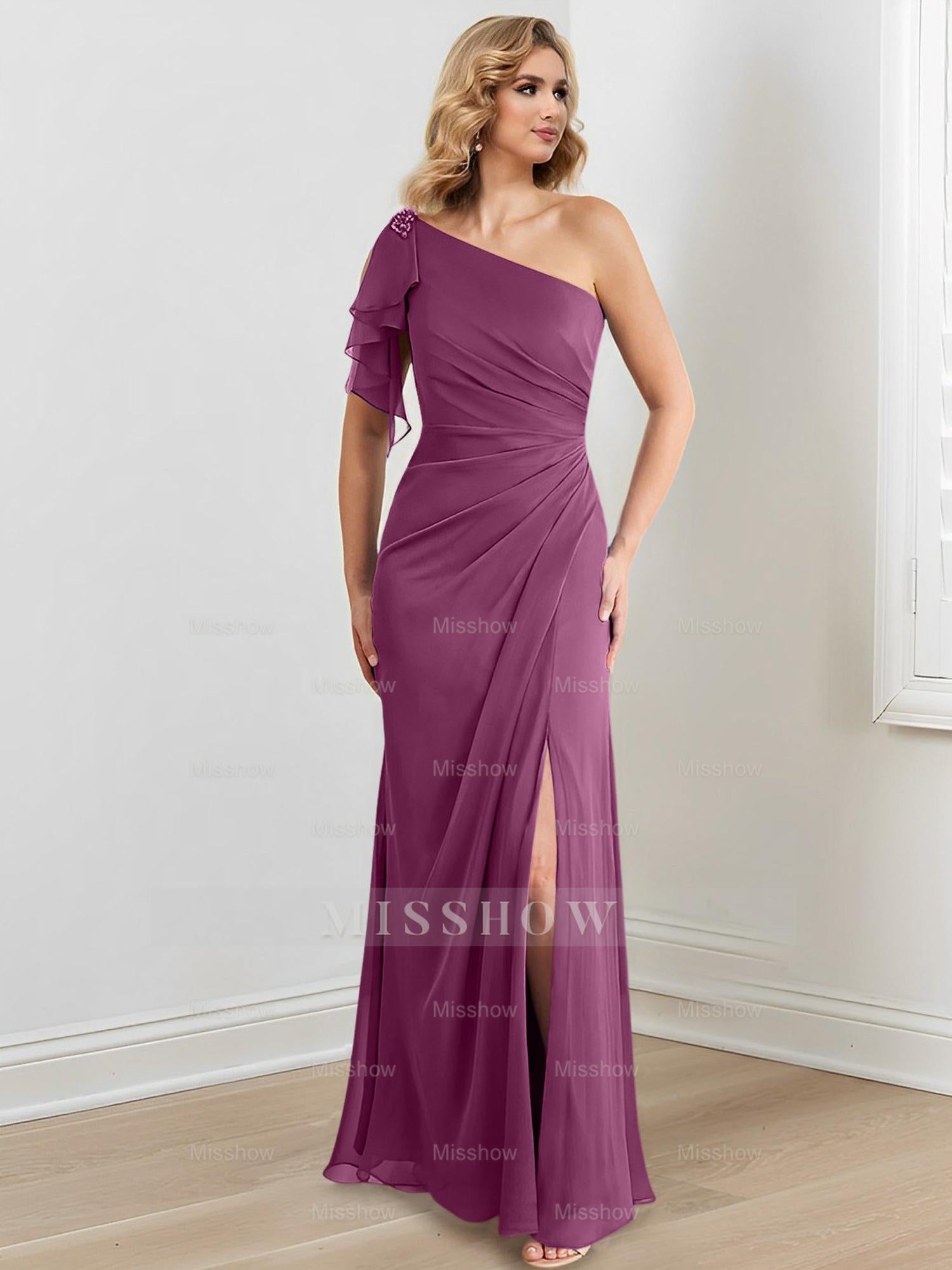 Elegant One-Shoulder Floor-Length Sheath/Column Gown for the Mother of the Bride