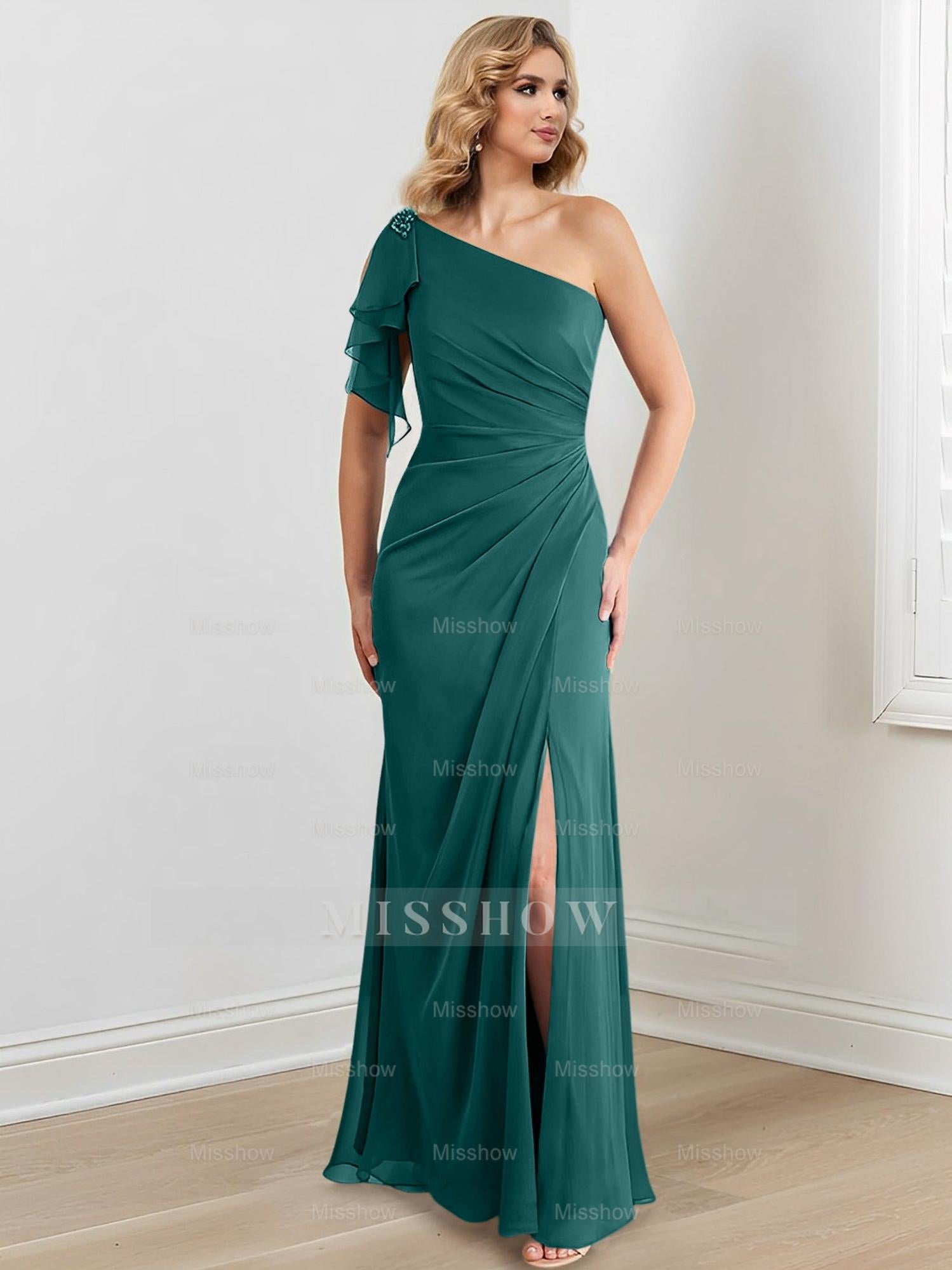 Elegant One-Shoulder Floor-Length Sheath/Column Gown for the Mother of the Bride