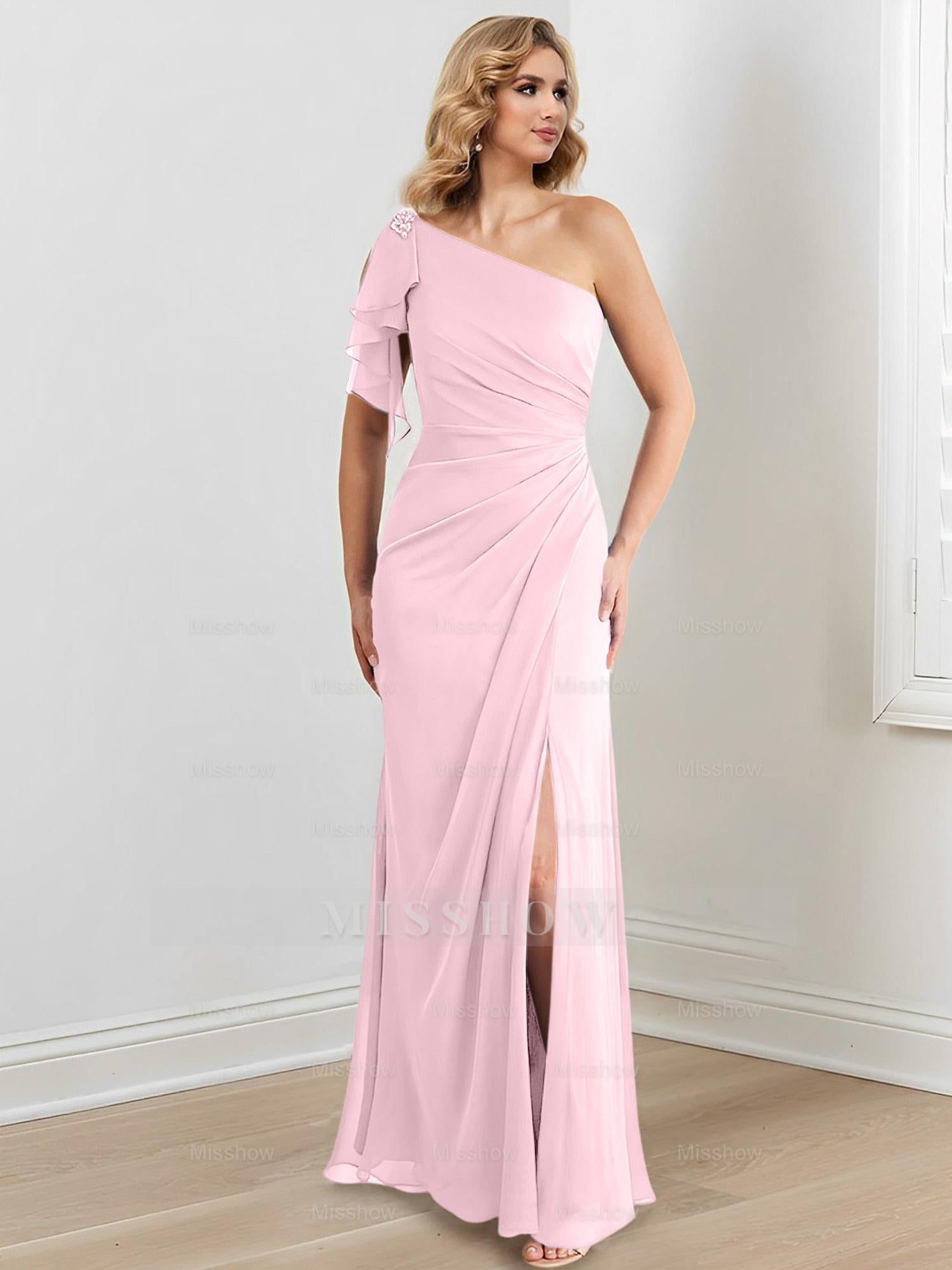 Elegant One-Shoulder Floor-Length Sheath/Column Gown for the Mother of the Bride