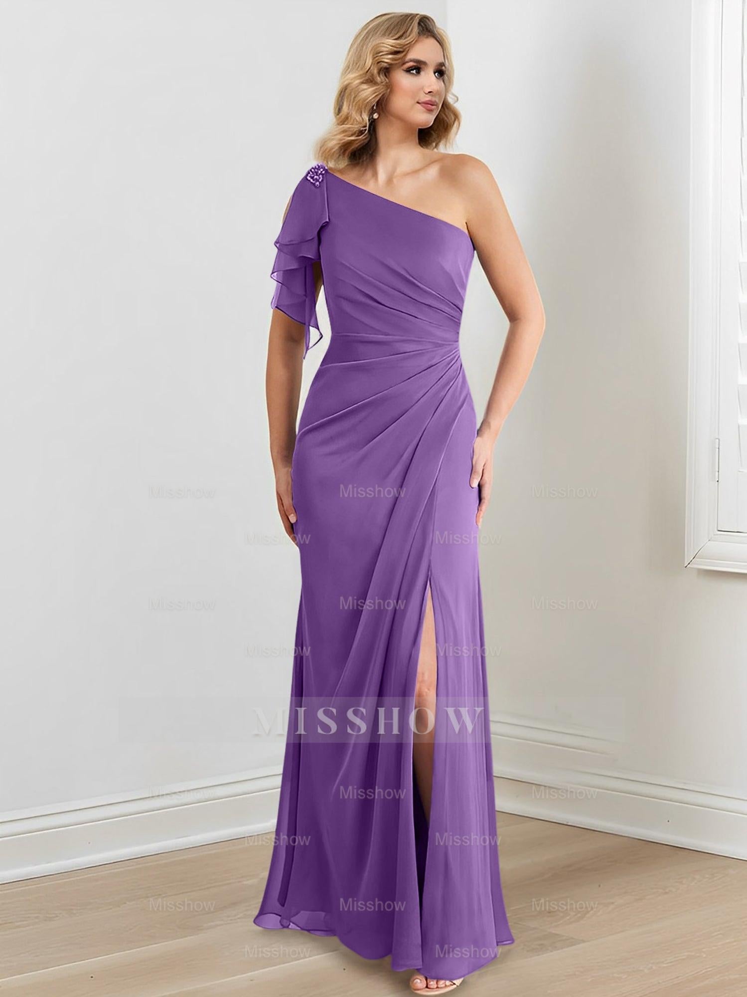 Elegant One-Shoulder Floor-Length Sheath/Column Gown for the Mother of the Bride