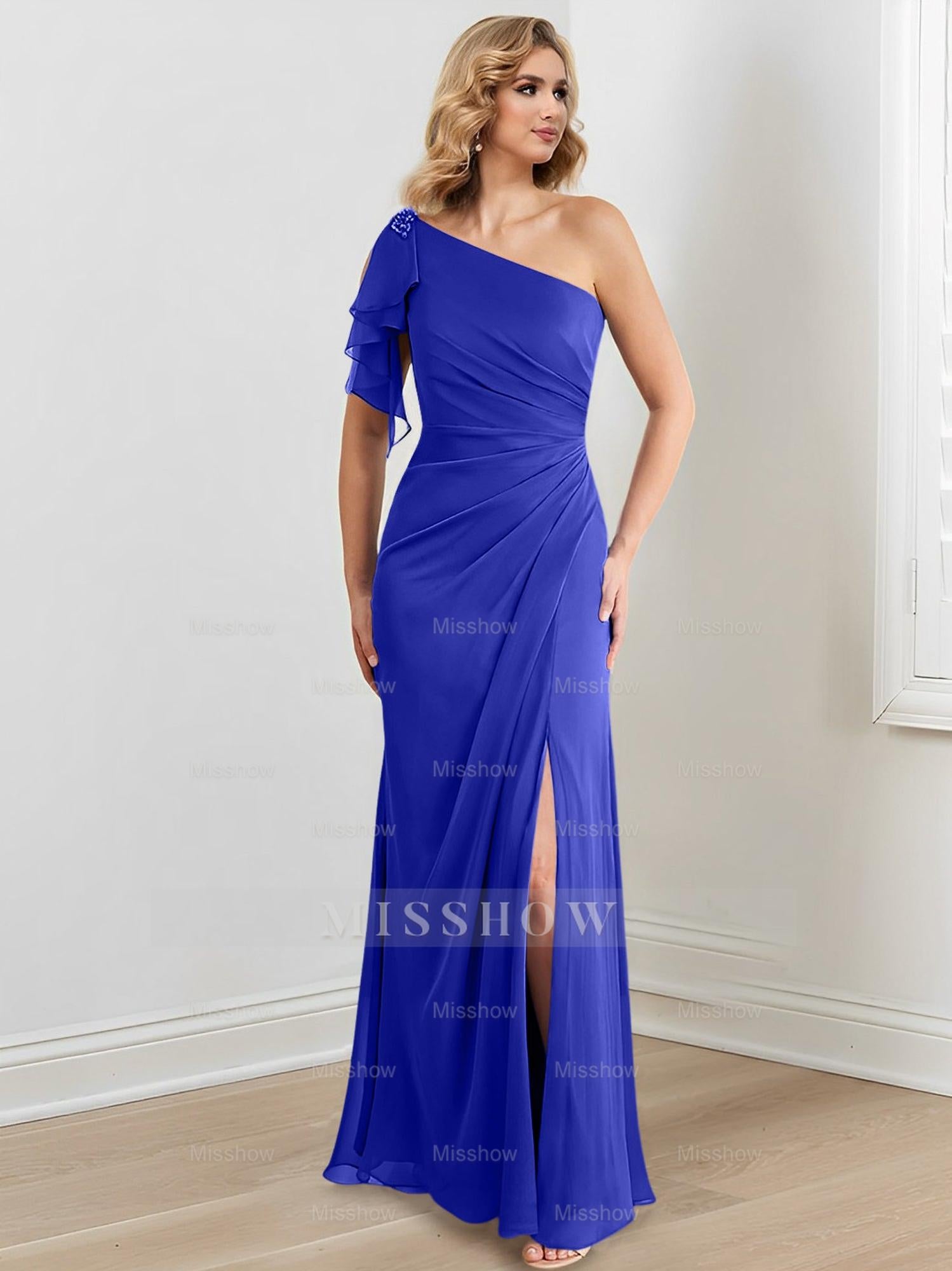 Elegant One-Shoulder Floor-Length Sheath/Column Gown for the Mother of the Bride