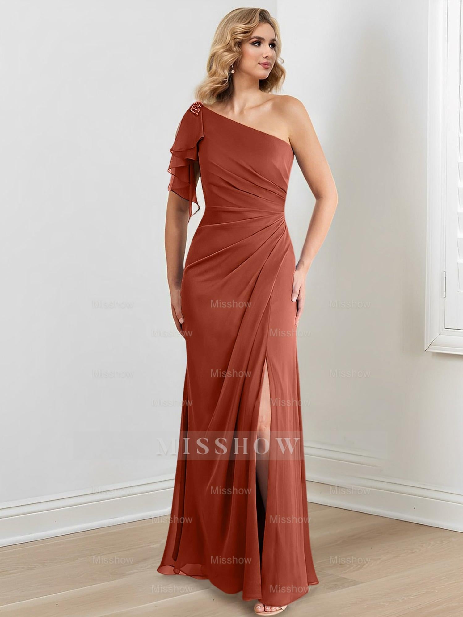 Elegant One-Shoulder Floor-Length Sheath/Column Gown for the Mother of the Bride