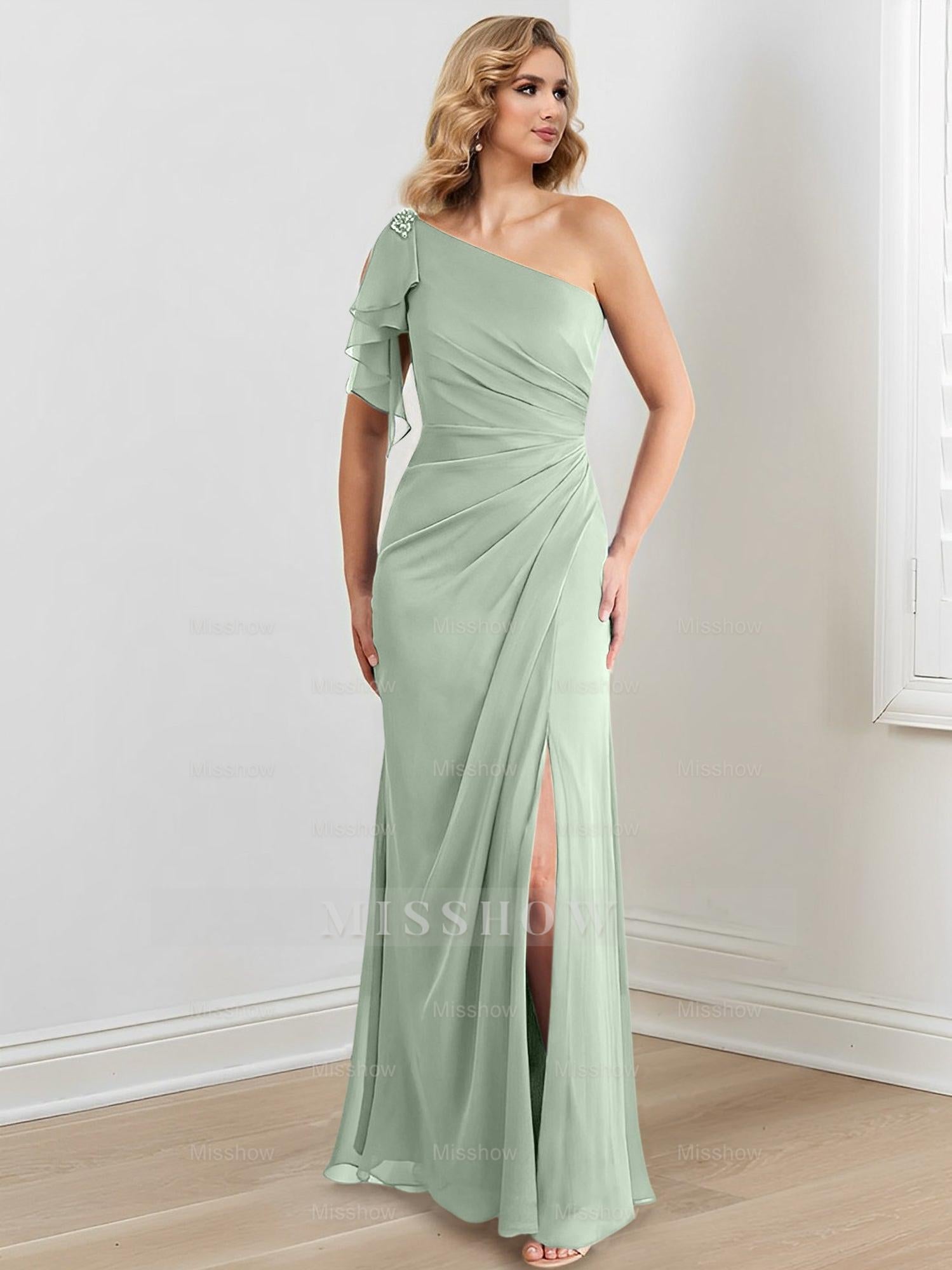 Elegant One-Shoulder Floor-Length Sheath/Column Gown for the Mother of the Bride