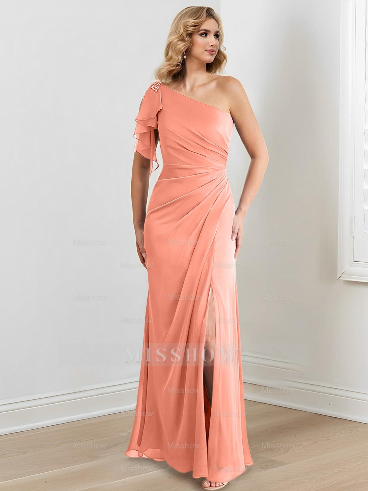 Elegant One-Shoulder Floor-Length Sheath/Column Gown for the Mother of the Bride