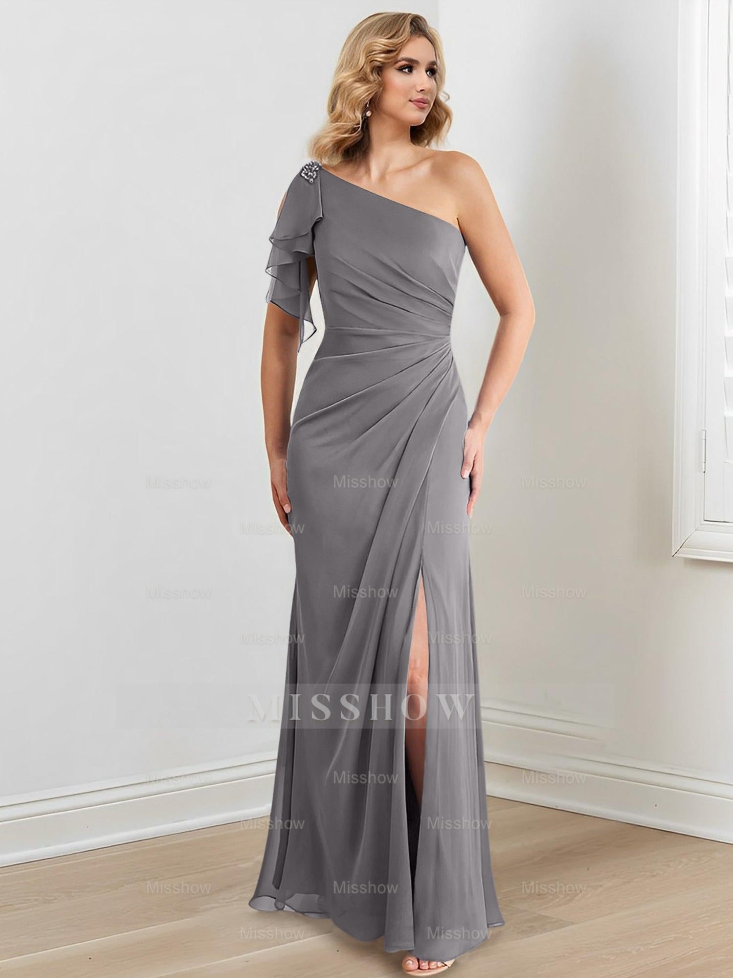 Elegant One-Shoulder Floor-Length Sheath/Column Gown for the Mother of the Bride