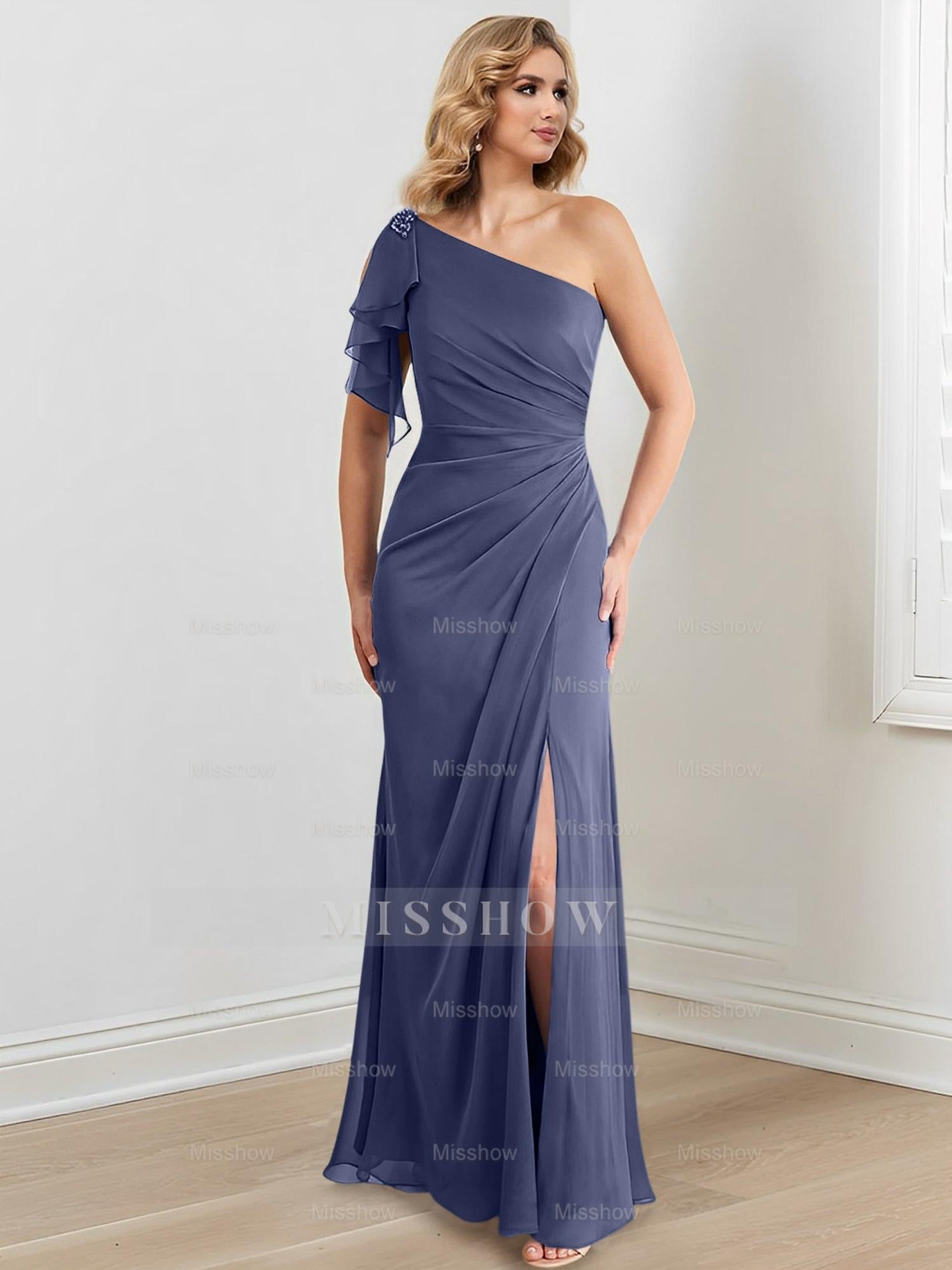 Elegant One-Shoulder Floor-Length Sheath/Column Gown for the Mother of the Bride