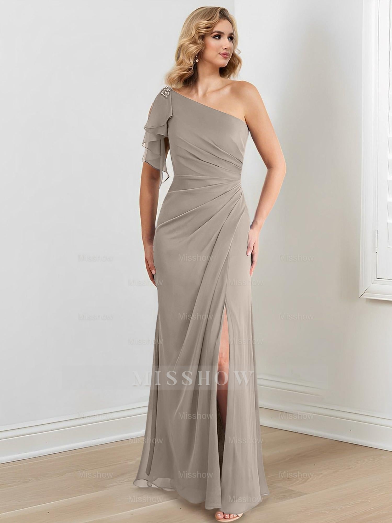 Elegant One-Shoulder Floor-Length Sheath/Column Gown for the Mother of the Bride