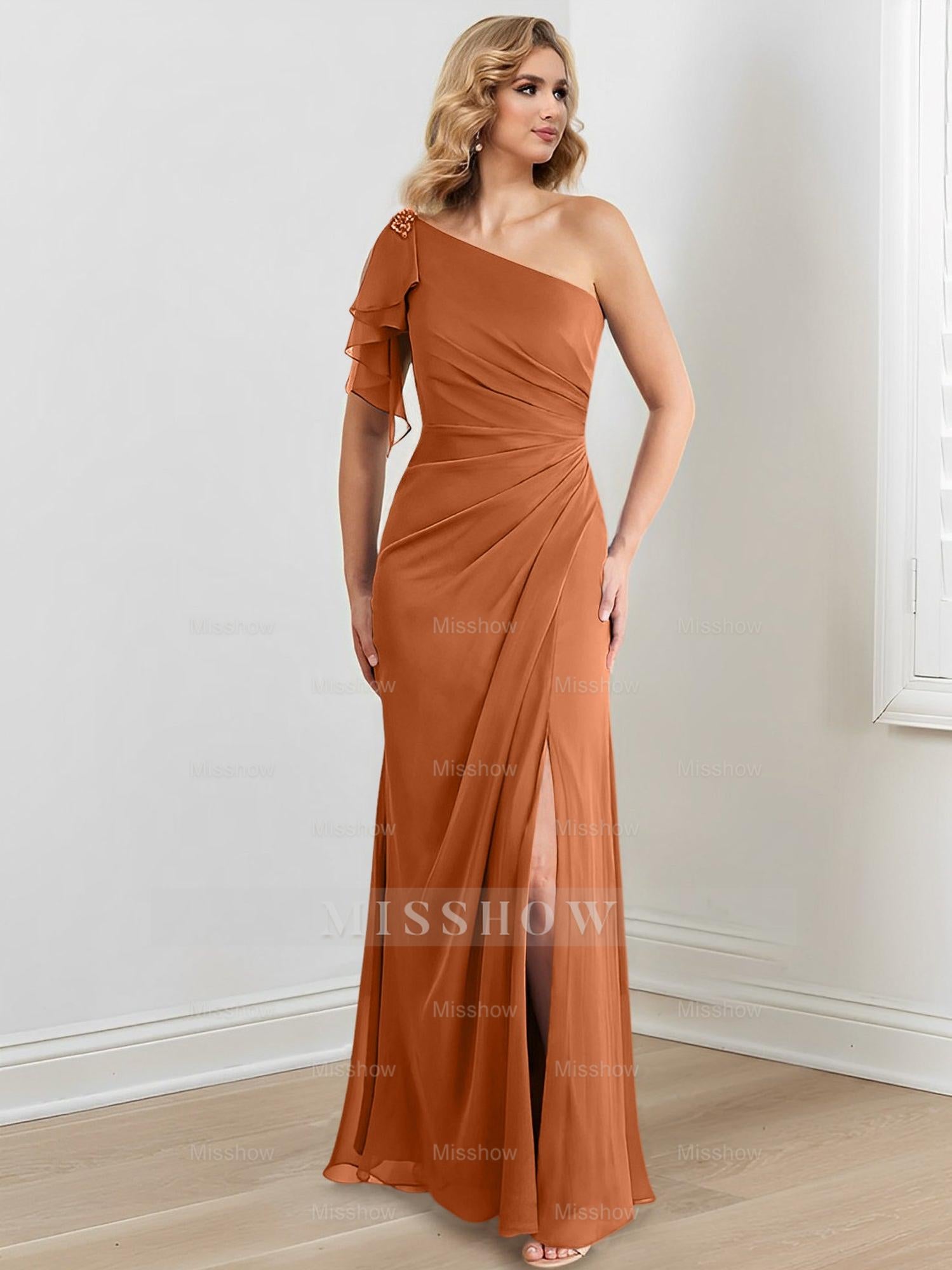 Elegant One-Shoulder Floor-Length Sheath/Column Gown for the Mother of the Bride