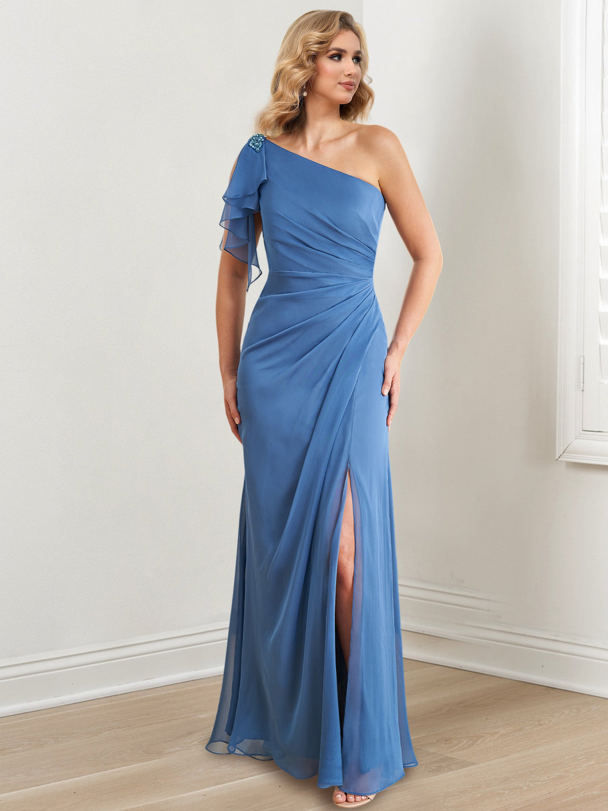 Elegant One-Shoulder Floor-Length Sheath/Column Gown for the Mother of the Bride