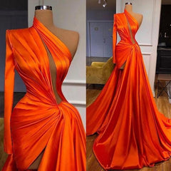 Elegant One Shoulder Long Sleeves Split Front Prom Evening Dresses