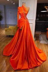 Elegant One Shoulder Long Sleeves Split Front Prom Evening Dresses