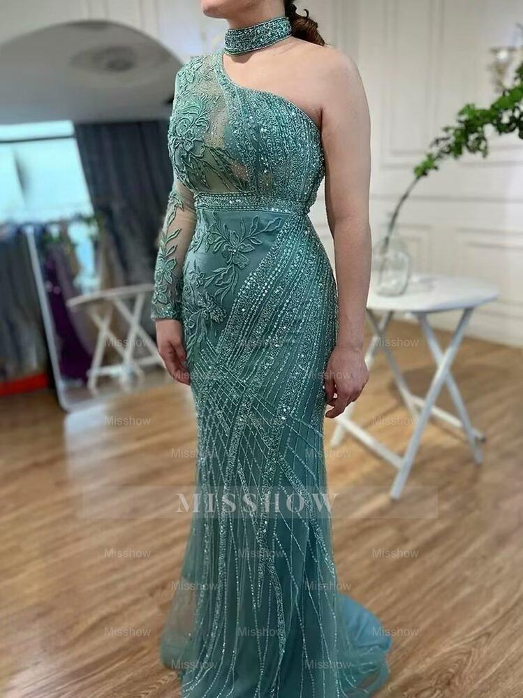 Elegant One shoulder Long Sleeve Champagne Bead Embroidery Formal Dress