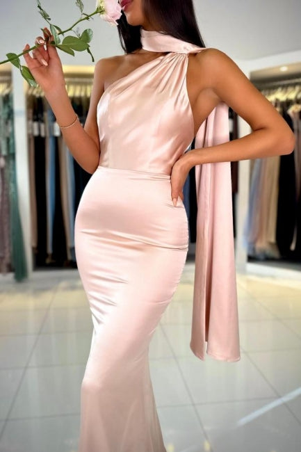 Elegant Pink Long Simple Mermaid One Shoulder Sleeveless Satin Prom Evening Dresses