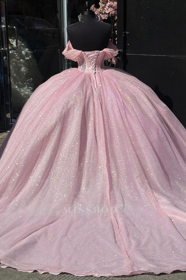Elegant Pink Off-the-Shoulder Sleeveless Beaded Corset Ball Gown Quinceanera Dress