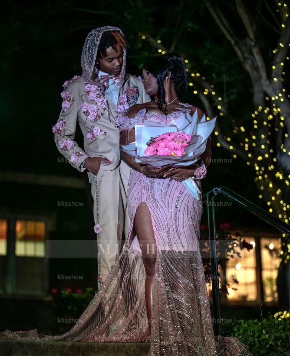 Elegant Pink Off-the-shoulder Beaded Prom Dress Mermaid Gown with Slit