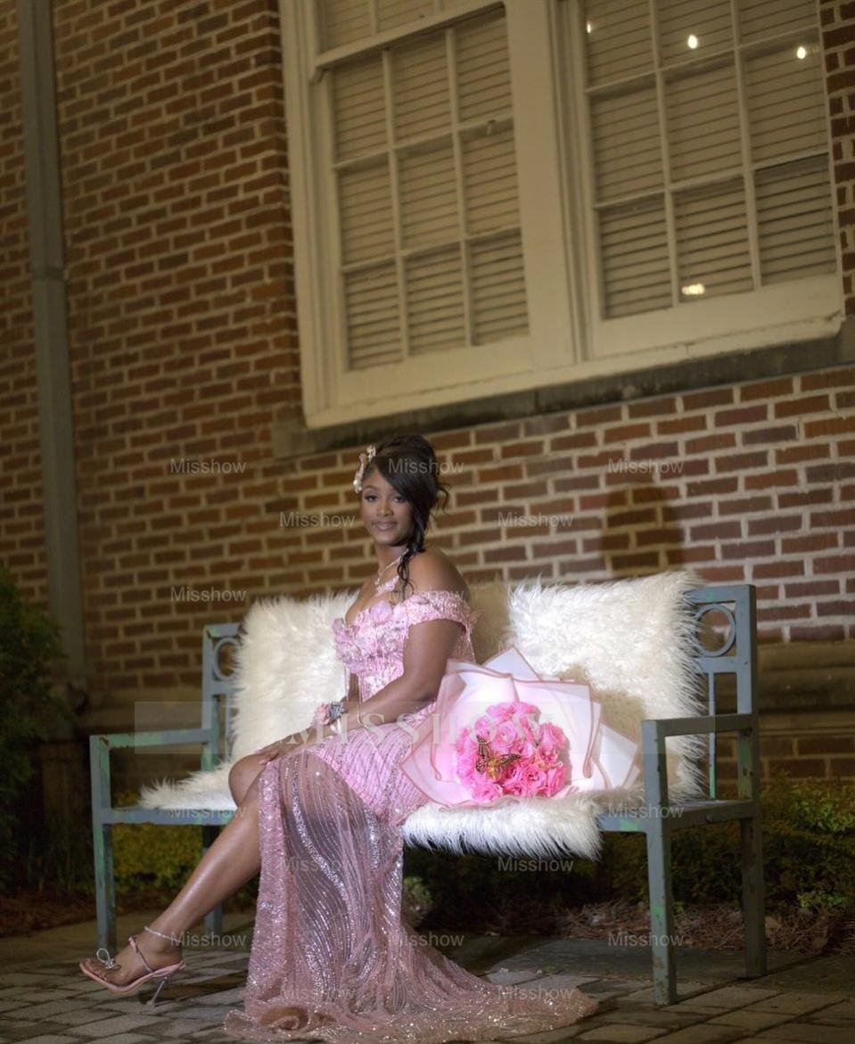 Elegant Pink Off-the-shoulder Beaded Prom Dress Mermaid Gown with Slit