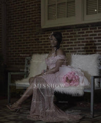 Elegant Pink Off-the-shoulder Beaded Prom Dress Mermaid Gown with Slit
