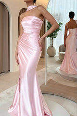 Elegant Pink Strapless Sleeveless Mermaid Evening Dress with Front Split
