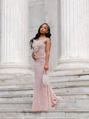 Elegant Pink Strapless Sleeveless Mermaid Prom Dress with Beadings and 3D Flowers