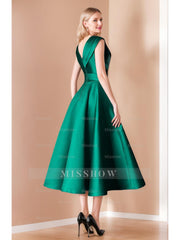 Elegant Pleated A-Line V-Neck Sleeveless Dress for Mothers of the Bride & Groom Featuring Bow Belt and Pocket