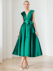 Elegant Pleated A-Line V-Neck Sleeveless Dress for Mothers of the Bride & Groom Featuring Bow Belt and Pocket